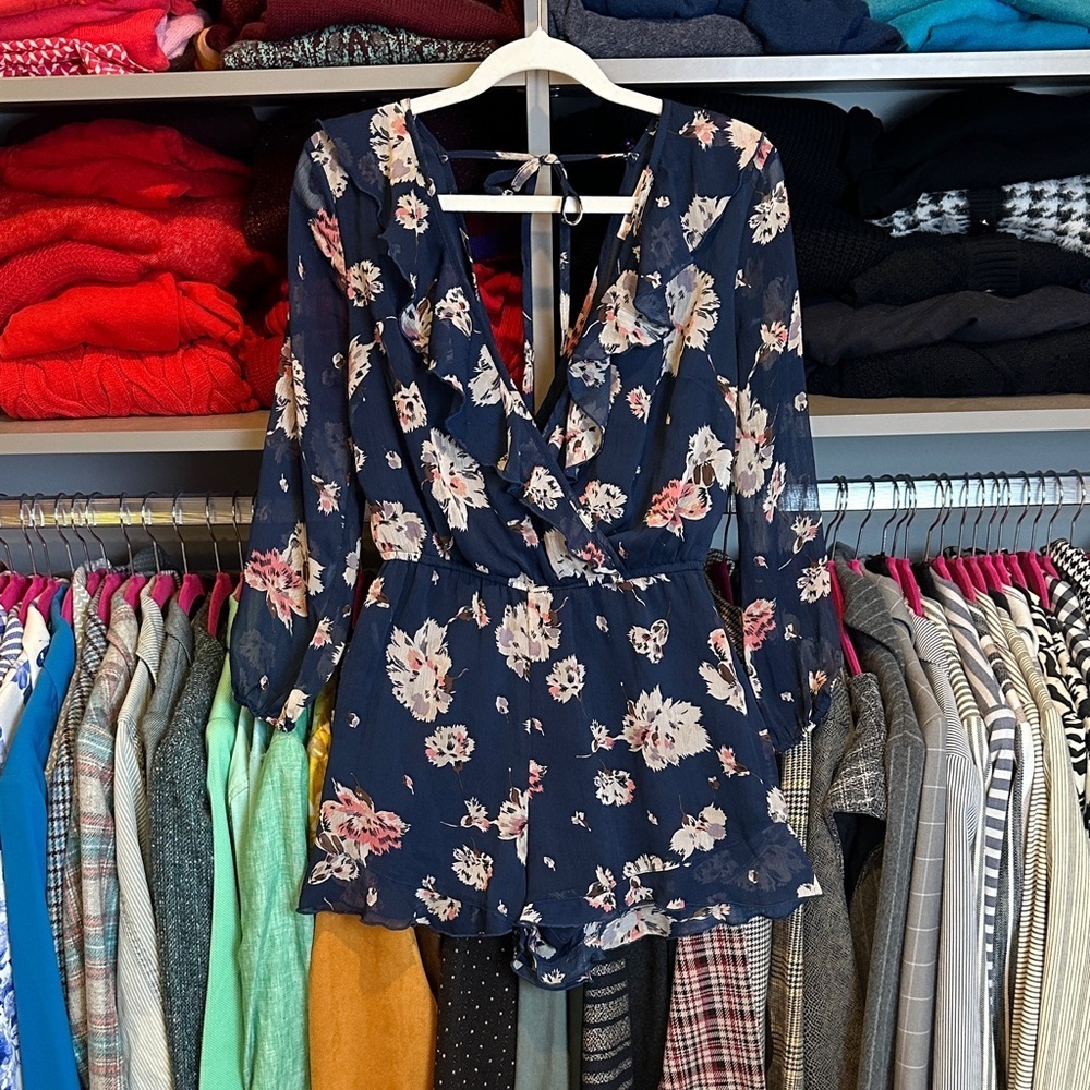 Band of Gypsies navy/gray/pink floral semi sheer long sleeve romper size XS